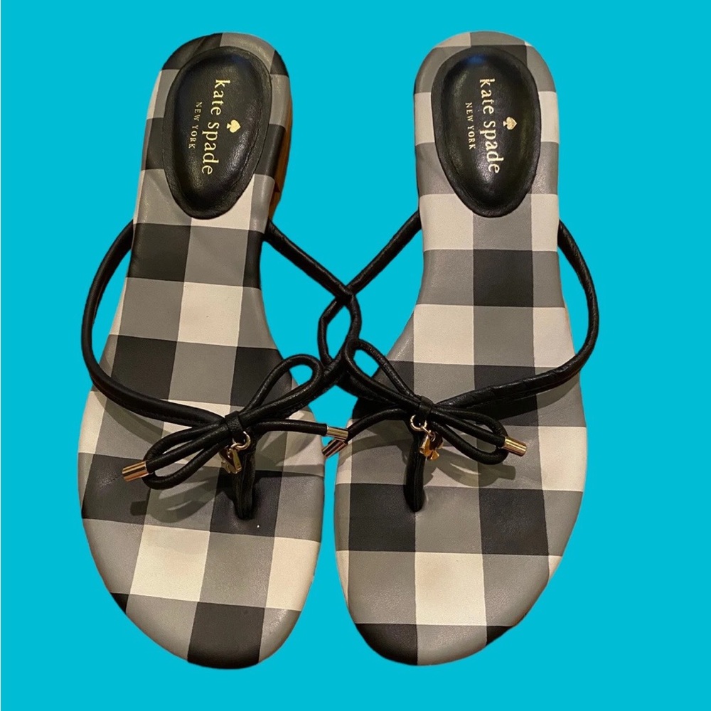 Kate Spade Black Gingham Print Bow Thong Sandals Size 10